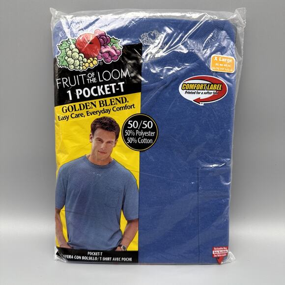 Vintage Fruit of the Loom Golden Blend Pocket T Shirt XL Blue 2001 NWT - Picture 1 of 4
